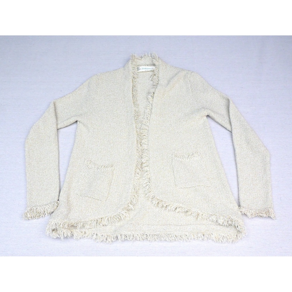 Zara Knit Cream Fringe Open Front Cardigan Gold Metallic Patch Pockets V Neck
